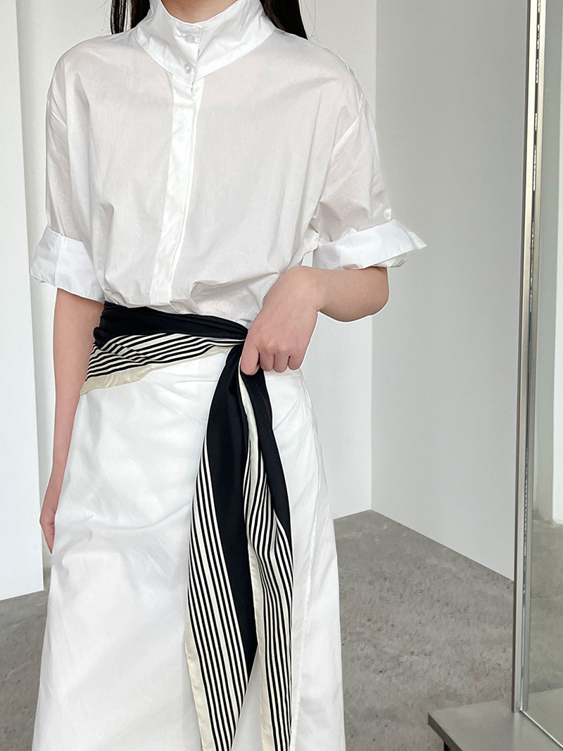Luxi, Korean version of the design sense lace-up V-neck waist dress women's summer new thin shirt long skirt 9731