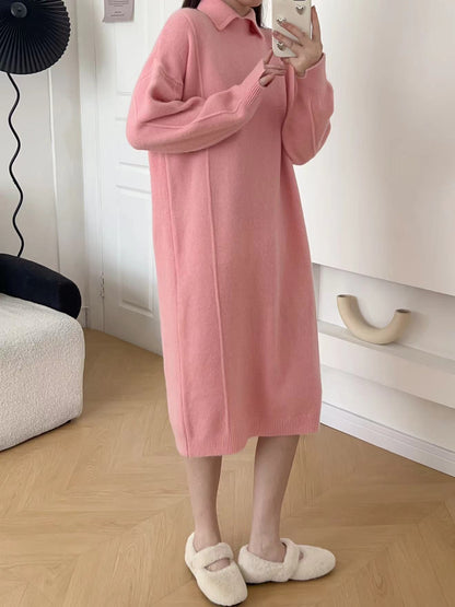 VLOVELAW Autumn and winter new polo collar pullover sweater bottoming skirt solid color long knee lazy loose knitted dress women