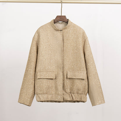 KKBOXLY Cross-border gold silk bead jacket Europe and America New new INS new fashion sequined stand-up collar loose jacket