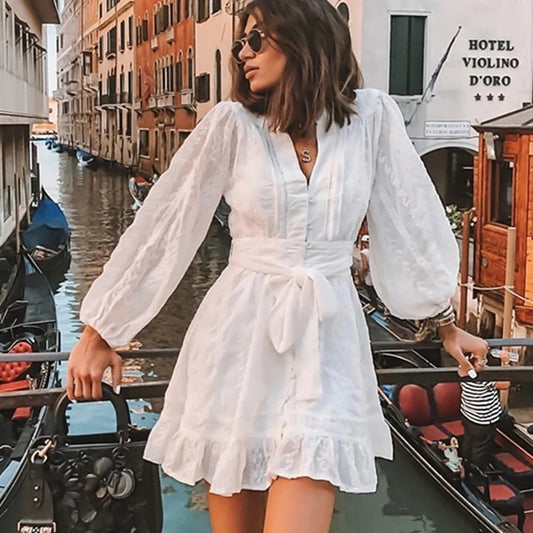 autumn New new women's dress v-neck long-sleeved sweet lace-up ruffle skirt