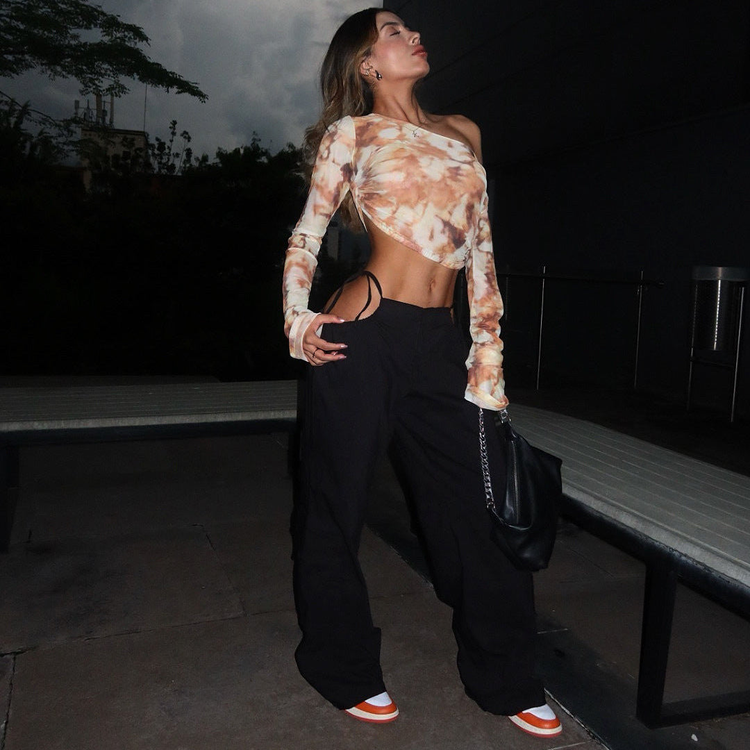 2025 street fashion hollowed-out design strappy straight casual pants spring and summer new multi-pocket casual pants women's