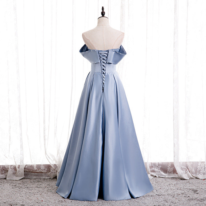 2025Evening dress women's  new temperament suspender simple blue satin shoulder student art exam dress fluffy skirt