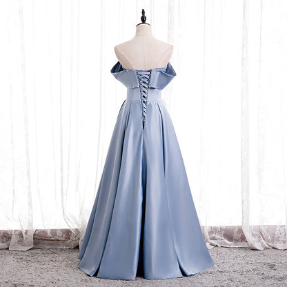 2025Evening dress women's  new temperament suspender simple blue satin shoulder student art exam dress fluffy skirt