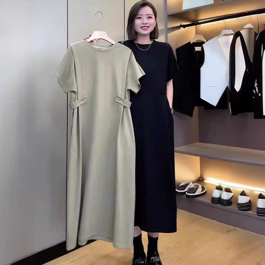 VLOVELAW Summer  Korean Style New Belly Covering Anti-Aging Fashion Dress Loose Plump Girls plus Size Slimming Casual Dress