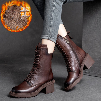 Shanghai Jie Shu Autumn New round Head Chunky Heel Cowhide in Stock Fashion Martin Boots Mid-High Heel Side Zipper Smoke Pipe Boots