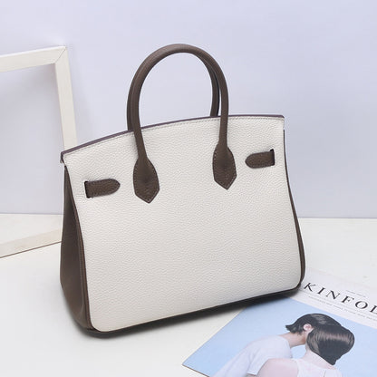 VLOVELAW 2025 Contrast color leather platinum bag lychee pattern first layer cowhide large capacity handbag fashion color matching shoulder messenger bag women
