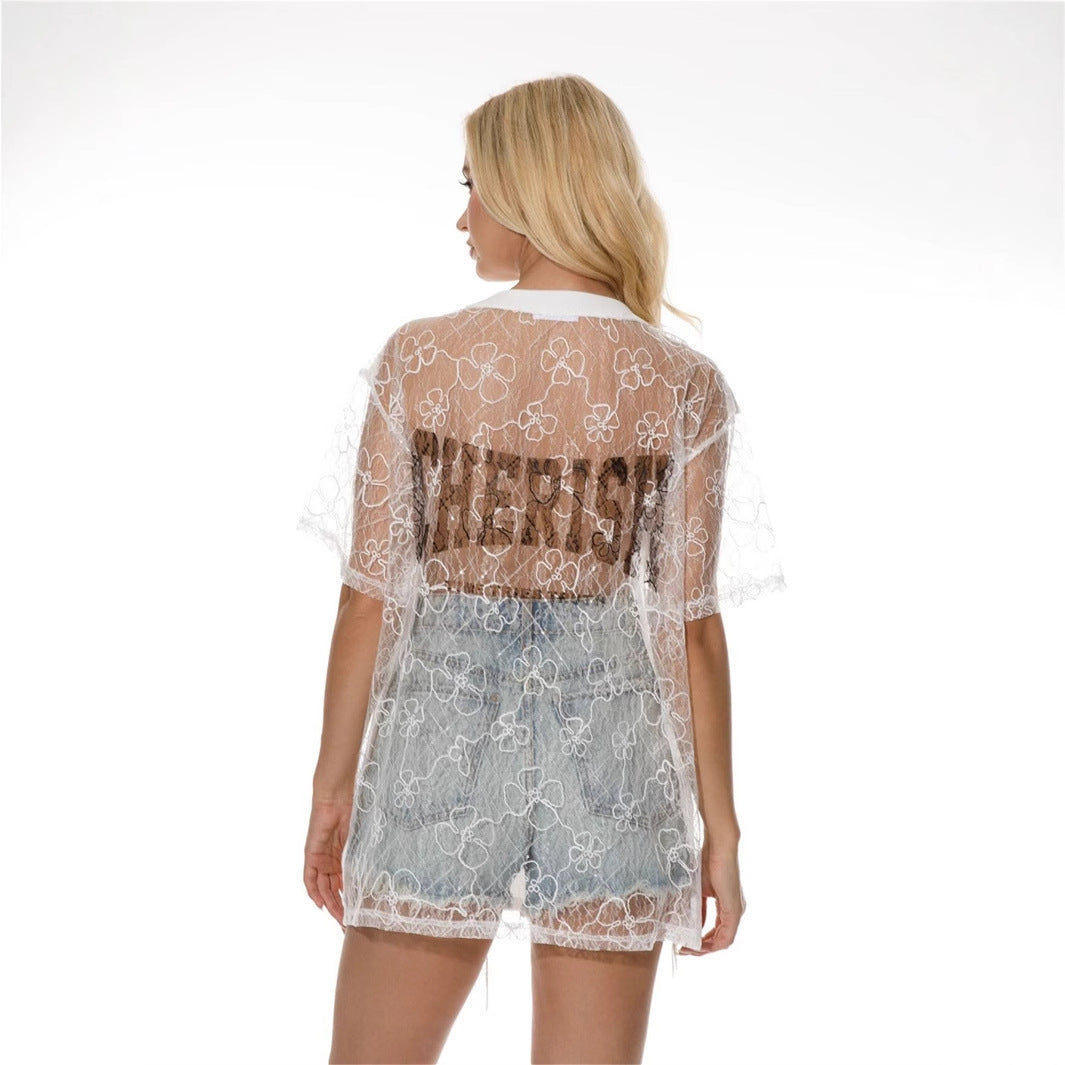 In the summer of , Popular,  and other New Popular trade will explode, printed lace back perspective backless loose and sexy T-shirt women