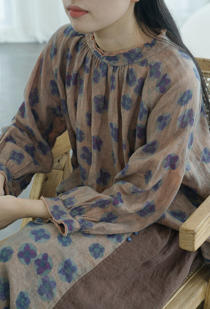 nostalgic retro blue-dye printed loose shirt, literary semi-turtleneck linen top S22261