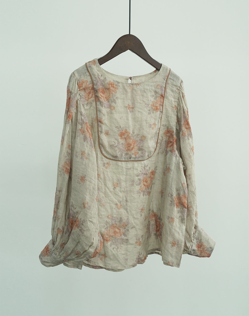 pastoral life ramie printed shirt, retro cool  bubble sleeve top S22276