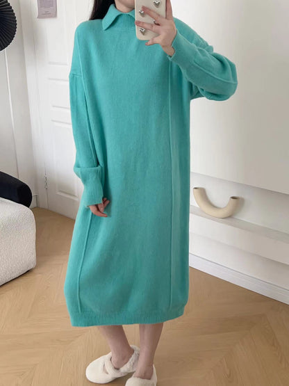 VLOVELAW Autumn and winter new polo collar pullover sweater bottoming skirt solid color long knee lazy loose knitted dress women