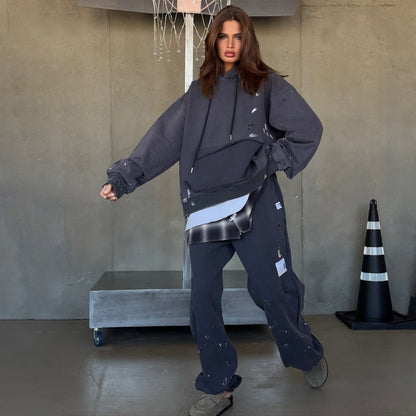 trendy brand stacking sweater splicing shirt set women's high-end sense hole paint hooded set Popular trade