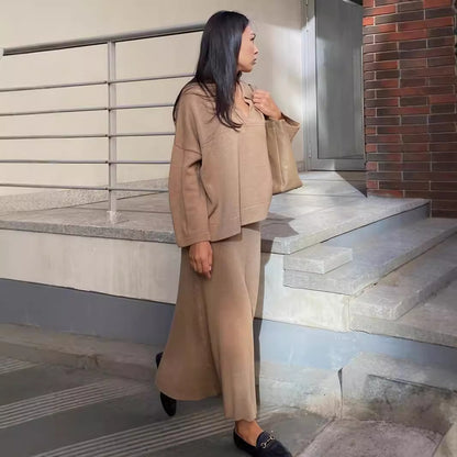 KKBOXLY Cross-border knitted set Europe, America New winter new fashion simple style V-neck knitted sweater skirt set