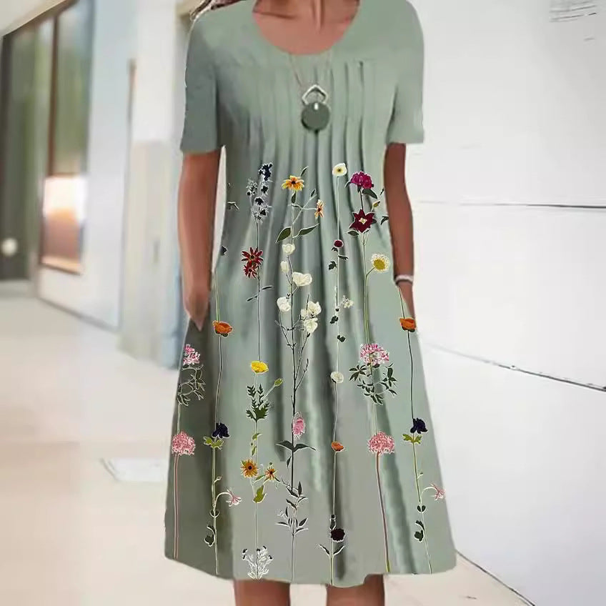 VLOVELAW Cross-Border Foreign Trade    Wish Spring/Summer Floral Print round Neck Pullover Mid-Length Dress Women