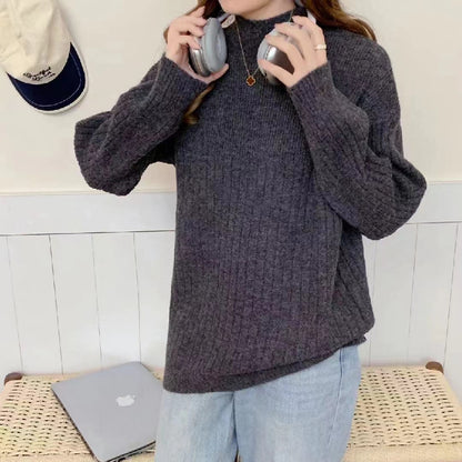 VLOVELAW Casual style knitted bottoming sweater women's New autumn and winter new loose solid color pit strip semi-turtleneck knitted sweater top