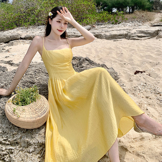 VLOVELAW Retro Yellow Waist Trimming Spaghetti Straps Dress Women's Summer Summer  New Seaside Vacation Gentle Sexy Long Dress