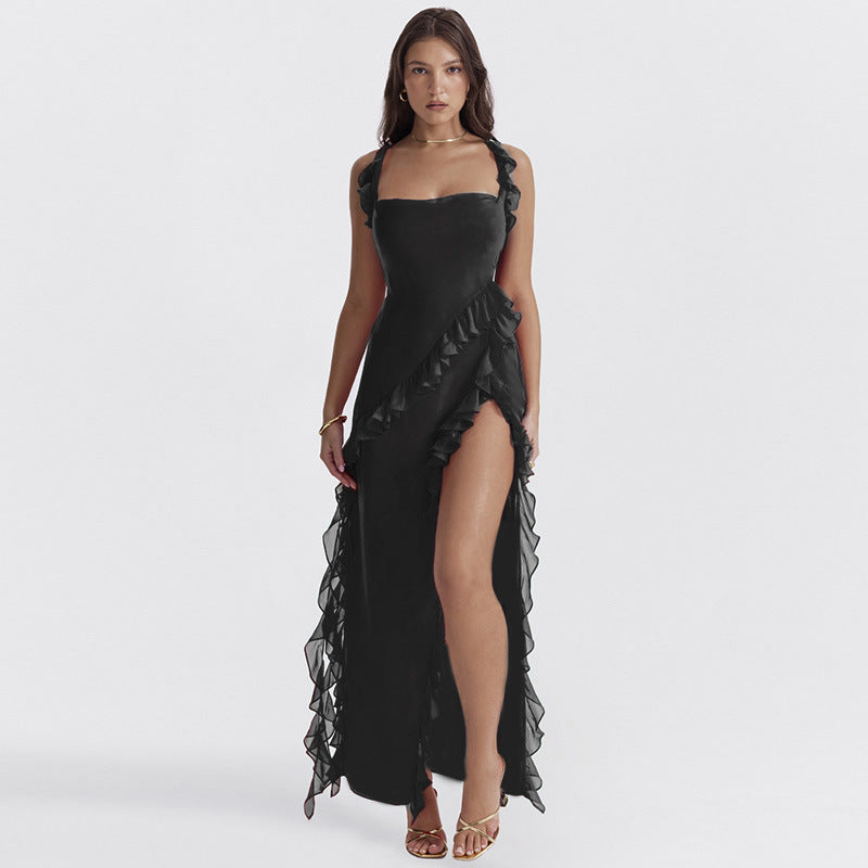 VLOVELAW Cross Border Supply  Summer New Popular Fashion Sexy Wooden Ear Stitching Temperament Split Dress