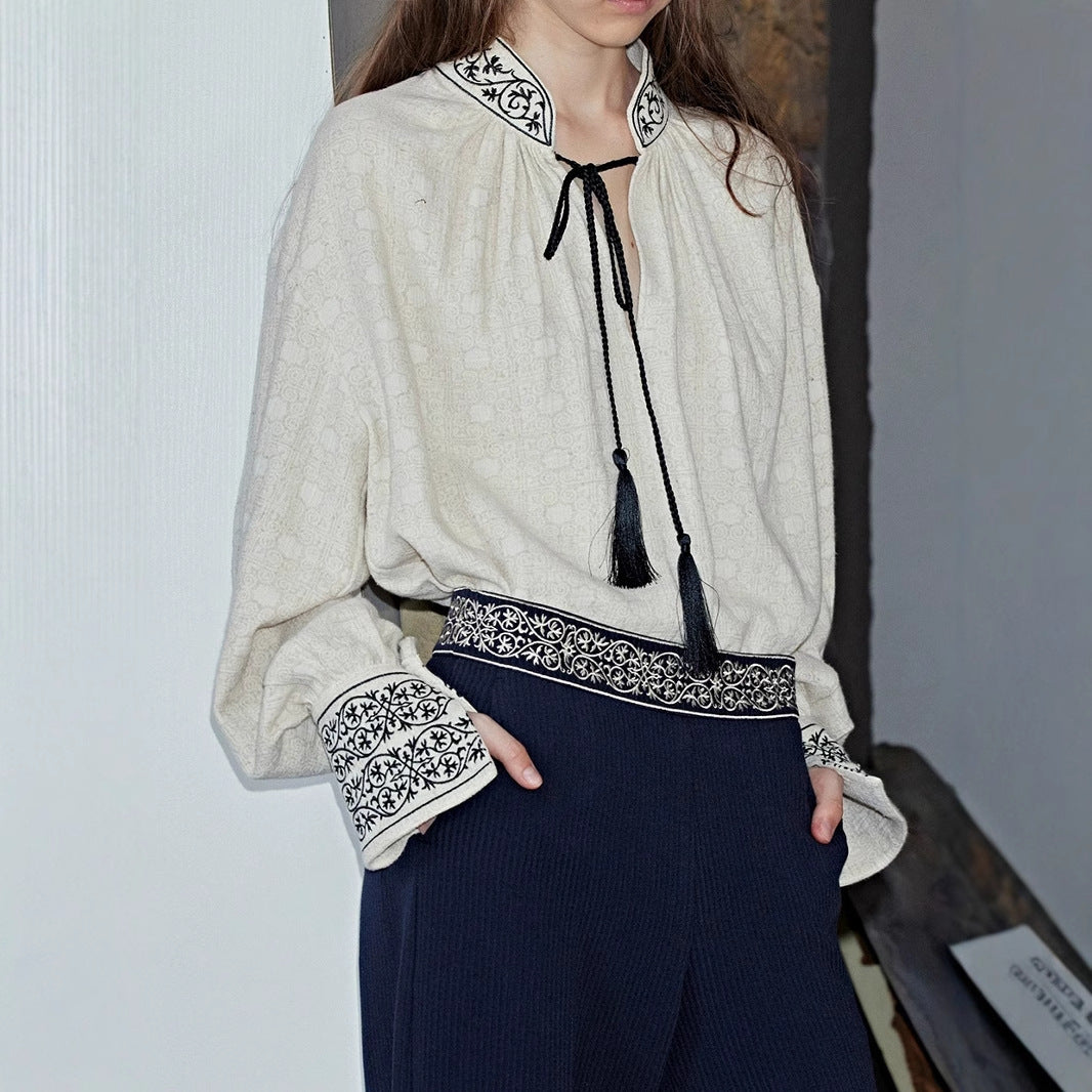 Shirt Women's Long Sleeve Heavy Industry Cotton and Linen Jacquard Embroidery Tassel Strap Design Sense Shirt Large Size Spring Clothing C0226