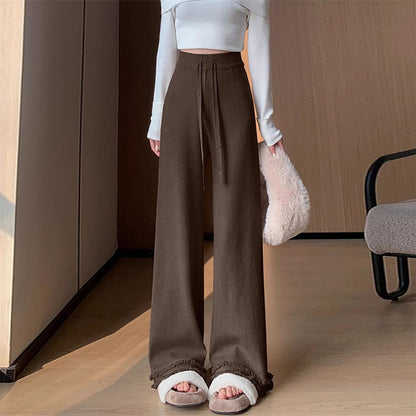 VLOVELAW Knitted fringed wide-leg pants women's New autumn and winter new high-waisted casual straight-leg pants soft waxy mopping long pants