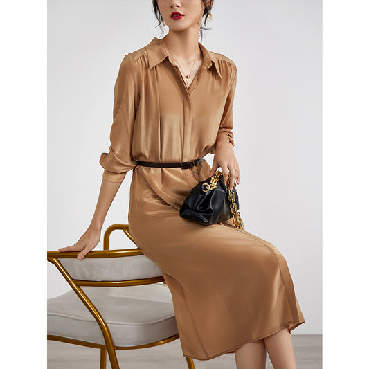 VLOVELAW Women's 4-Meter Inner and Outer 2-Layer Silk Dress Loose Tummy Hiding New Long Sleeve  Slimming Temperament Shirt Dress
