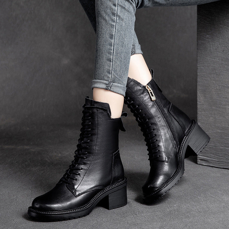 Shanghai Jie Shu Autumn New round Head Chunky Heel Cowhide in Stock Fashion Martin Boots Mid-High Heel Side Zipper Smoke Pipe Boots