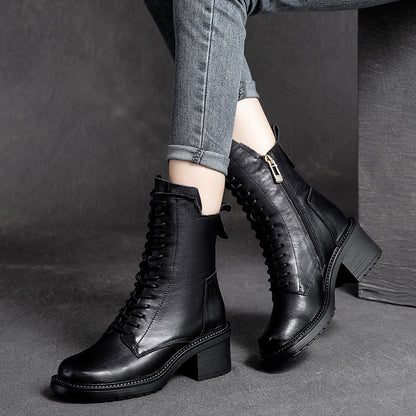 Shanghai Jie Shu Autumn New round Head Chunky Heel Cowhide in Stock Fashion Martin Boots Mid-High Heel Side Zipper Smoke Pipe Boots