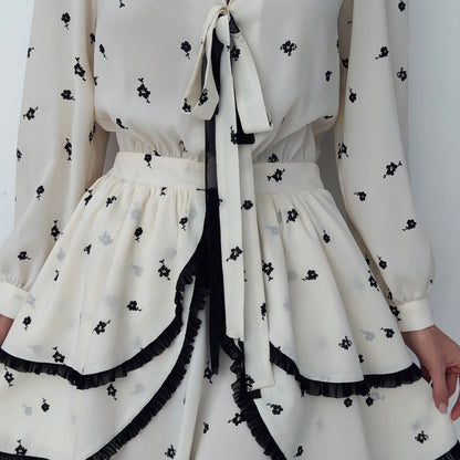 n chiffon floral fungus edge suit skirt, celebrity temperament printed lace Hepburn style waist V-neck two-piece set