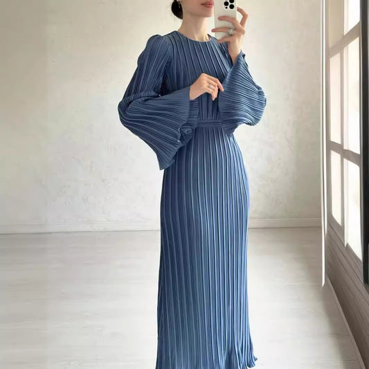 VLOVELAW European and American Women's Clothing  Autumn New Long Dress Temperament Pleated Bell Sleeve Mid-Length Dress