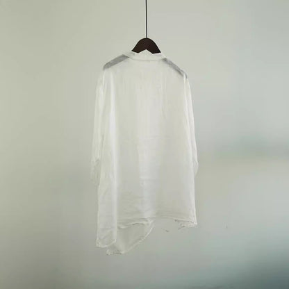 Literary and casual irregular ramie shirt, niche design retro tooling stand-up collar seven-quarter sleeve top W22281