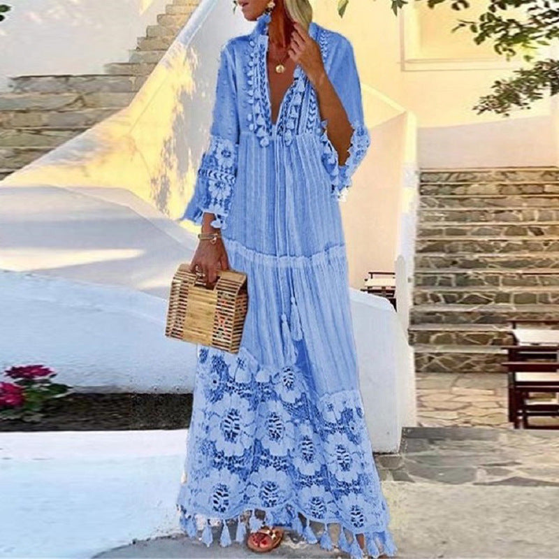 VLOVELAW Spring and Summer European and American Long Dress Bohemian Style V-neck Lace Tassel Stitching Beach Vacation Temperament Dress