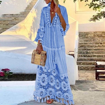 VLOVELAW Spring and Summer European and American Long Dress Bohemian Style V-neck Lace Tassel Stitching Beach Vacation Temperament Dress
