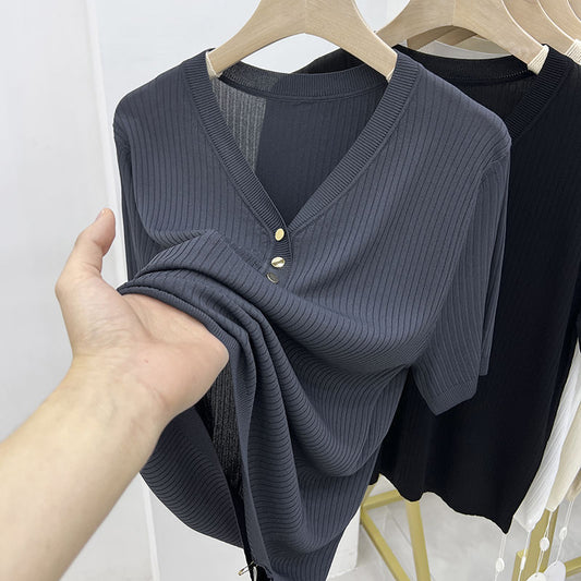 VLOVELAW 100.00kg Wearable Summer plus Size Ice Silk Top Popular Slimming Short-Sleeved T-shirt for Women Loose Belly-Covering V-neck Sweater