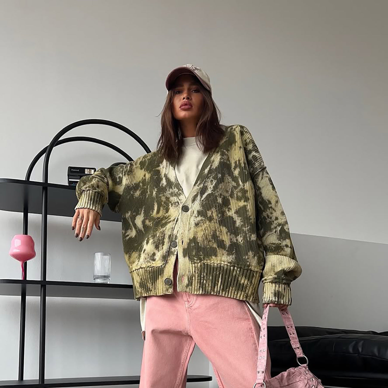 street personalized style color camouflage knitted sweater cardigan niche loose V-neck jacket female trendy brand Popular trade