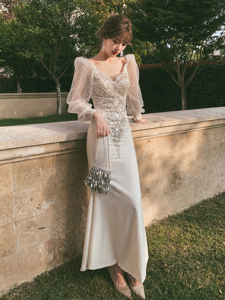2025 Annual meeting evening dress fishtail  winter new host dress skirt female banquet temperament socialite white long