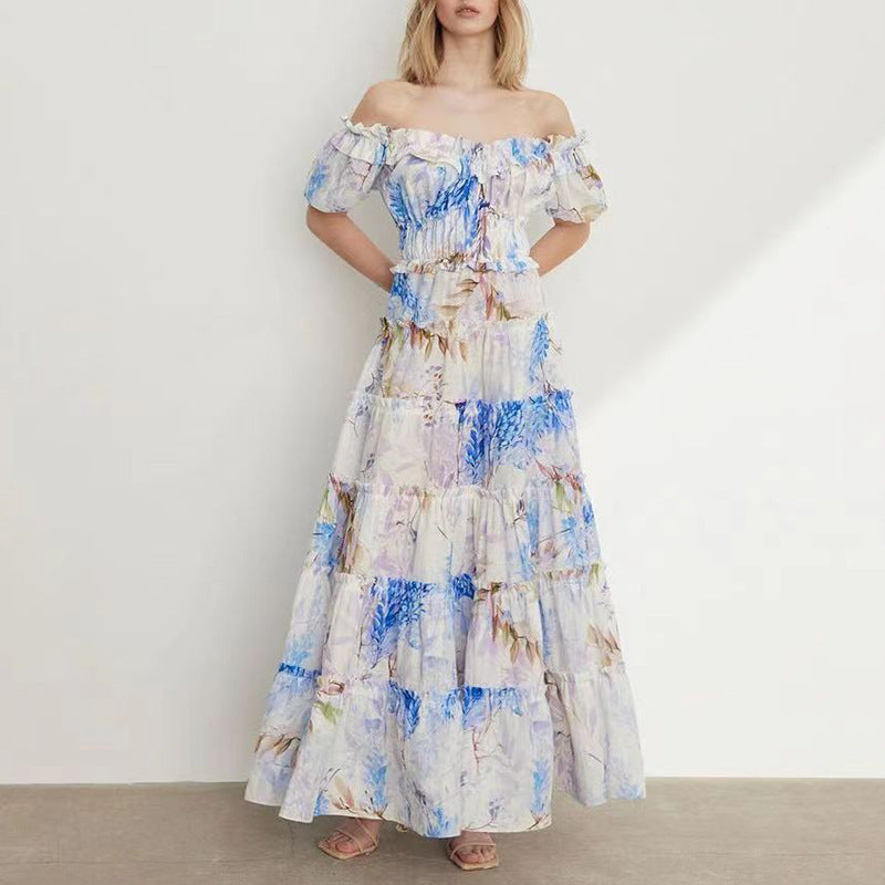 VLOVELAW Spring New Slim Fit Slimming Temperament off-Shoulder Pleated Print Lady Long Elegant Big Hem Dress