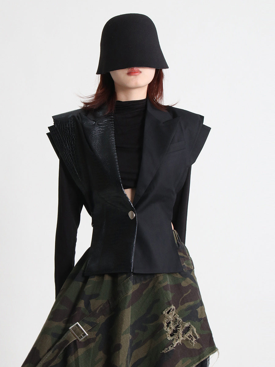 2025 spring new leather splicing design sense waist thin vest women's fashion temperament outside wear vest jacket