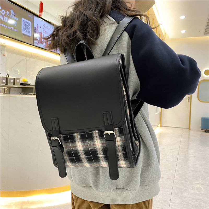 Japanese Campus Multi-Compartment Student Schoolbag Large Capacity Flip Women's Backpack Trendy Preppy Style Checked Backpack Women