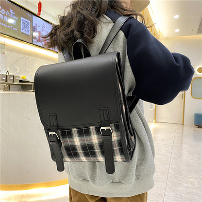 Japanese Campus Multi-Compartment Student Schoolbag Large Capacity Flip Women's Backpack Trendy Preppy Style Checked Backpack Women
