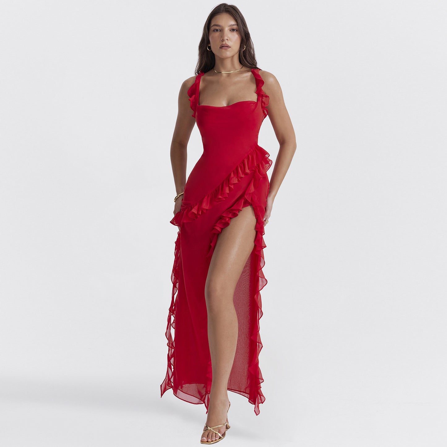 VLOVELAW Cross Border Supply  Summer New Popular Fashion Sexy Wooden Ear Stitching Temperament Split Dress