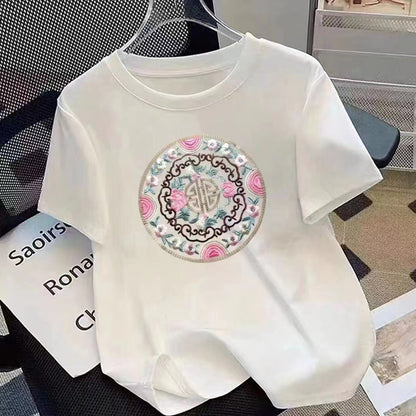 VLOVELAW New Chinese Style Printed Cotton Short-Sleeved T-shirt for Women  Spring and Summer New Niche Design plus Size Bottoming Shirt