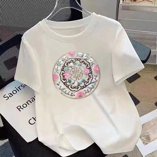 VLOVELAW New Chinese Style Printed Cotton Short-Sleeved T-shirt for Women  Spring and Summer New Niche Design plus Size Bottoming Shirt