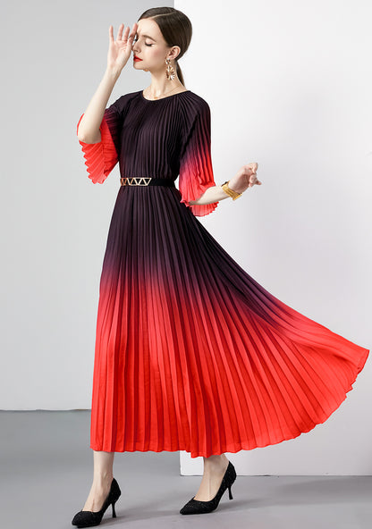 Folded dress  summer long dress round neck medium sleeve gradual change lace-up design dress skirt