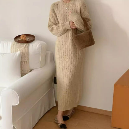 VLOVELAW Autumn and winter new knitted sweater dress women's long Korean version loose crew neck sweater skirt with bottom sweater skirt