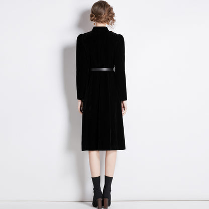 Black velvet trench coat women's  autumn and winter new Hepburn style stand-up collar slim fit medium and long coat tide