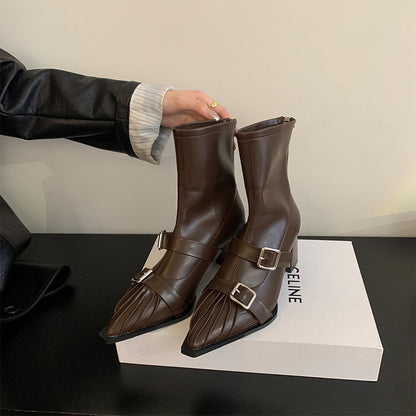 popular autumn and winter new belt buckle pointed high heel short boots women's metal buckle thick heel fashion medium heel short thin boots