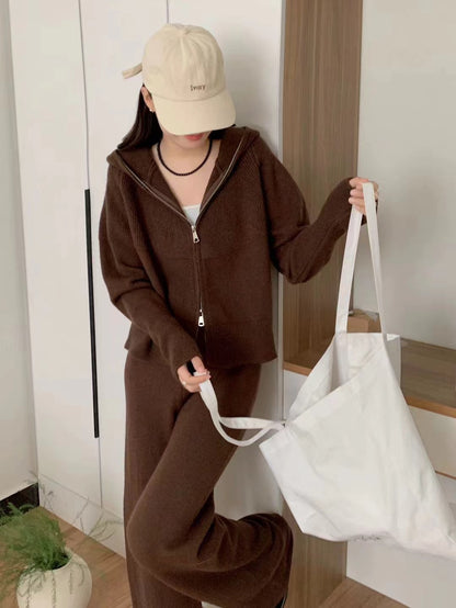 VLOVELAW Korean temperament fashion casual hooded knitted suit women's autumn and winter new loose and thin wide-leg pants two-piece set