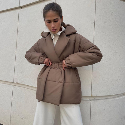 KKBOXLY Cross-border lapel cotton clothes, 2025 New winter new thickened and thin waist cotton clothes, solid color belt cotton clothes jacket