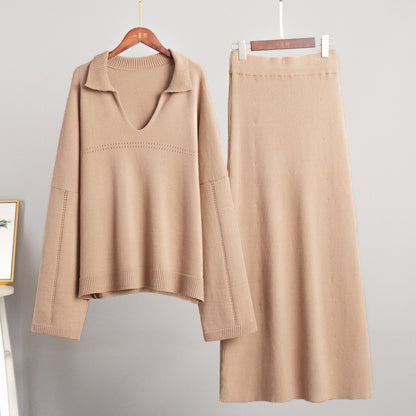 KKBOXLY Cross-border knitted set Europe, America New winter new fashion simple style V-neck knitted sweater skirt set