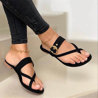 VLOVELAW  Cross-Border Foreign Trade Large Size Flat Bottom Flip-Flops Women's European and American Toe Covering Metal Belt Buckle Flat-Heeled Sandals Independent Station