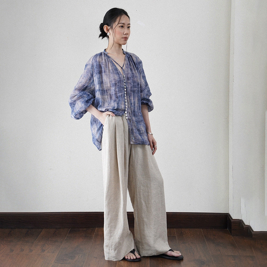 Ramie top high-end, summer ink smudge sunscreen Ramie shirt, thin linen wide-leg pants A0312