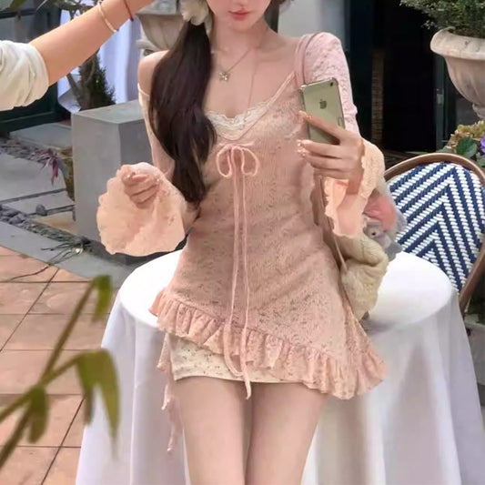 VLOVELAW [Luo Man] Semi-Mature Girl Pure Desire Style Lace Sweet Two-Piece Set Dress Smock Top Two-Piece Set